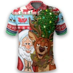 Celtic Style Merry Christmas Ugly Polo Shirt - Drunk Santa And Deer - Bluefink