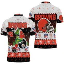 Christmas Cleveland Browns Grinch In Toilet Christmas Knitting Patt Jersey 3D Polo Shirt - Bluefink