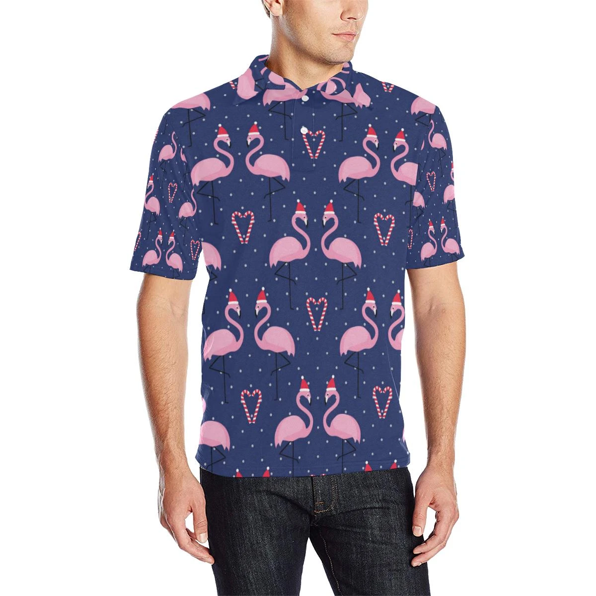 Flamingo Christmas Men Polo Shirt - Bluefink 3 Flamingo Christmas Men Polo Shirt - Bluefink