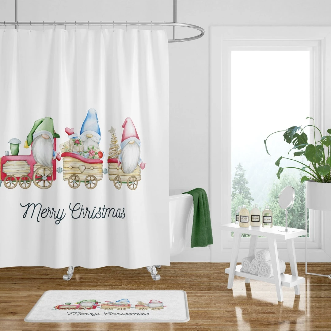 Gnome Shower Curtain Optional Set Christmas Train - Bluefink 3 Gnome Shower Curtain Optional Set Christmas Train - Bluefink
