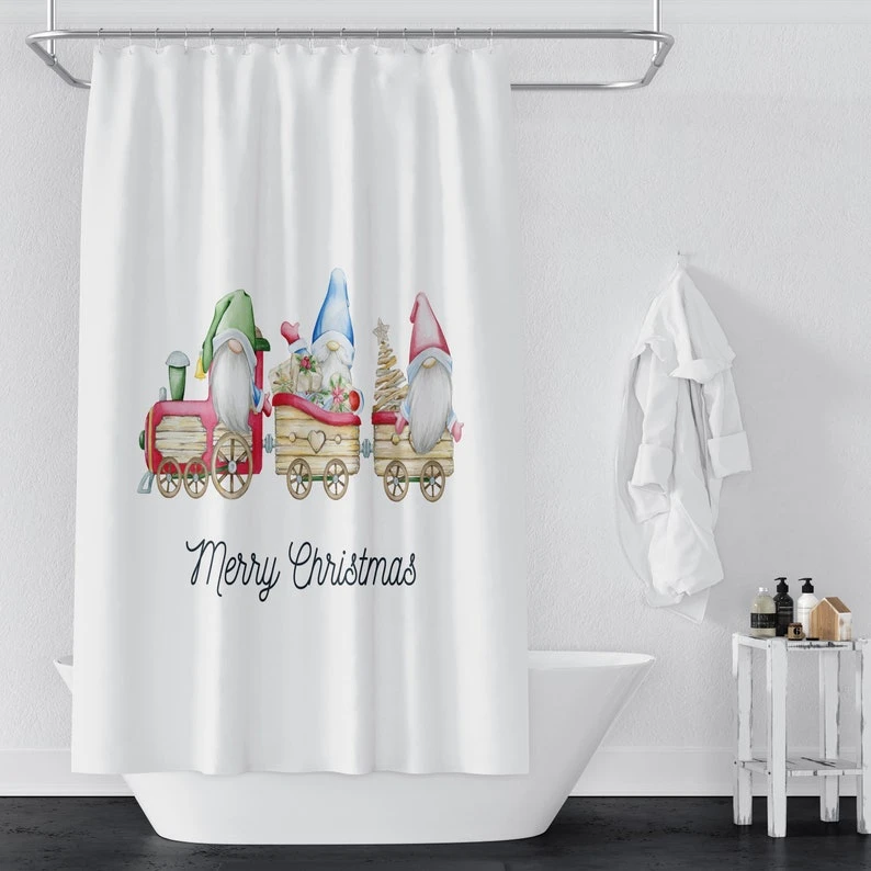 Gnome Shower Curtain Optional Set Christmas Train - Bluefink 4 Gnome Shower Curtain Optional Set Christmas Train - Bluefink - Image 2