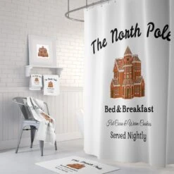 North Pole Christmas Shower Curtain, Holiday Bathroom Decor Option For Towels And Bath - Bluefink