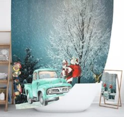Old Truck Christmas Shower Curtain, Holiday Bathroom Decor - Bluefink