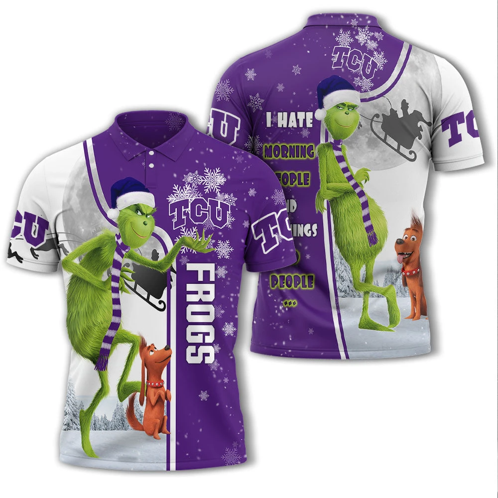 Personalized Funny Christmas The Grinch TCU Horned Frogs NCAA I Hate Morning People Shirt Gifts Unisex 3D Polo - Bluefink 3 Personalized Funny Christmas The Grinch TCU Horned Frogs NCAA I Hate Morning People Shirt Gifts Unisex 3D Polo - Bluefink