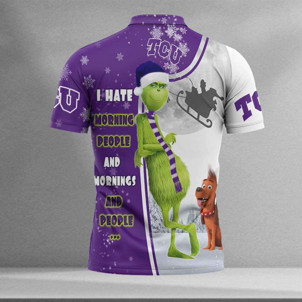 Personalized Funny Christmas The Grinch TCU Horned Frogs NCAA I Hate Morning People Shirt Gifts Unisex 3D Polo - Bluefink 4 Personalized Funny Christmas The Grinch TCU Horned Frogs NCAA I Hate Morning People Shirt Gifts Unisex 3D Polo - Bluefink - Image 2