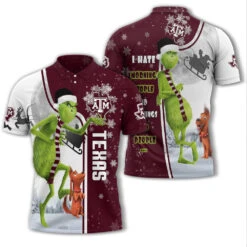 Personalized Funny Christmas The Grinch Texas AM Aggies NCAA I Hate Morning People Shirt Gifts Unisex 3D Polo - Bluefink
