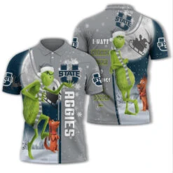 Personalized Funny Christmas The Grinch Utah State Aggies NCAA I Hate Morning People Shirt Gifts Unisex 3D Polo - Bluefink