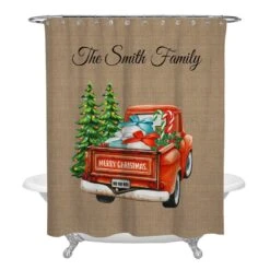 Personalized Red Truck Christmas Shower Curtain Optional Bath Decor - Bluefink -CozyHomeStore Personalized Red Truck Christmas Shower Curtain Optional Bath Decor 2