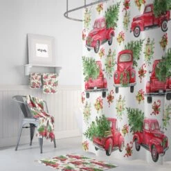 Red Truck Christmas Shower Curtain, Holiday Shower Curtain, Christmas Bathroom Decor - Bluefink