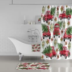 CozyHomeStore -CozyHomeStore Red Truck Christmas Shower Curtain Holiday Shower Curtain Christmas Bathroom Decor 1