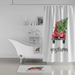 Red Truck Decor, Christmas Shower Curtain, Holiday Bathroom Decor - Bluefink