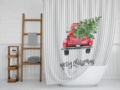 Red Truck Decor, Christmas Shower Curtain, Holiday Bathroom Decor - Bluefink -CozyHomeStore Red Truck Decor Christmas Shower Curtain Holiday Bathroom Decor 2