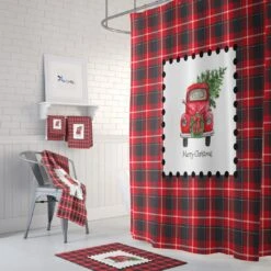 Red Truck Decor, Christmas Shower Curtain, Plaid Holiday Bathroom Decor - Bluefink