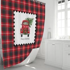 Red Truck Decor, Christmas Shower Curtain, Plaid Holiday Bathroom Decor - Bluefink -CozyHomeStore Red Truck Decor Christmas Shower Curtain Plaid Holiday Bathroom Decor 2