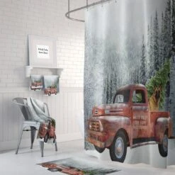 Red Truck With Christmas Tree Shower Curtain, Mountains And Dog - Bluefink