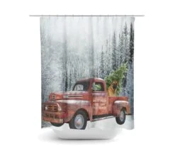 CozyHomeStore -CozyHomeStore Red Truck With Christmas Tree Shower Curtain Mountains and Dog 1